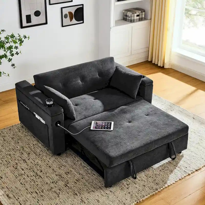 Sofa rozkładana 54, 2-osobowa sofa z funkcją spania i rozkładanymi fotelami, schowkiem, poduszką lędźwiową i gniazdem USB