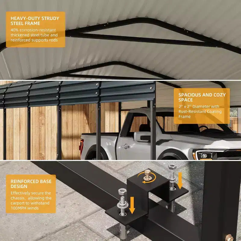 LinTimes Metall-Carport 12 x 24 Fuß mit verzinktem Stahldach, pulverbeschichtetem Rahmen und wasserabweisendem Unterstand für Fahrzeuge, Schutz im Außenbereich