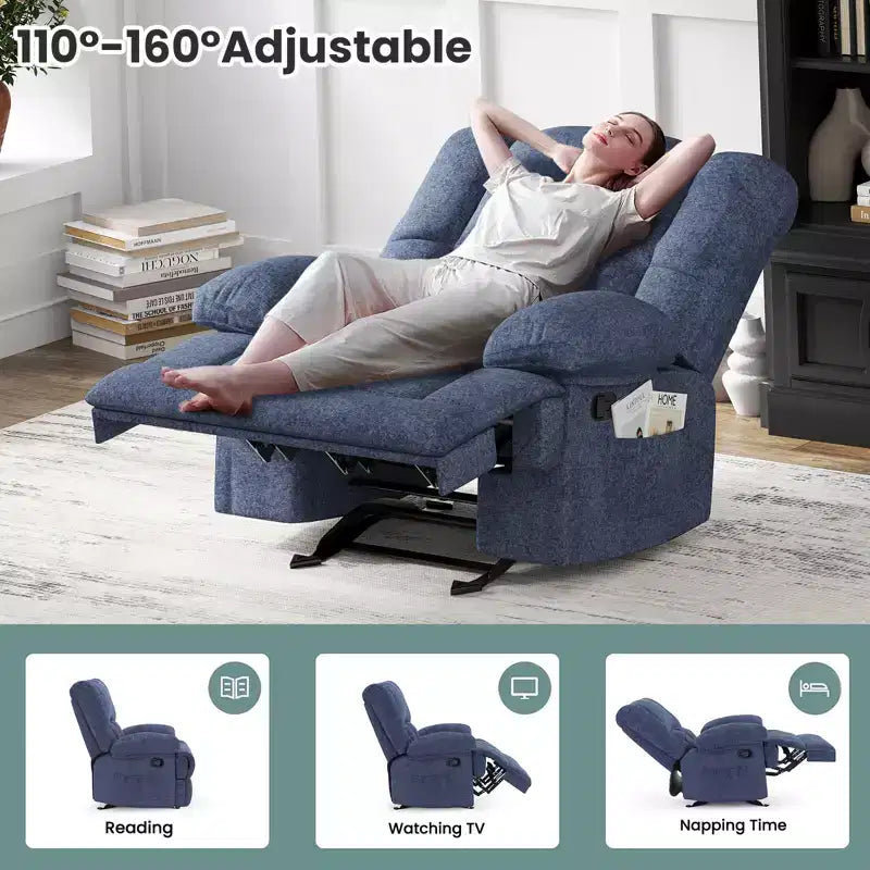 Blue Oversized Rocking Recliner Chair with Chenille Upholstery