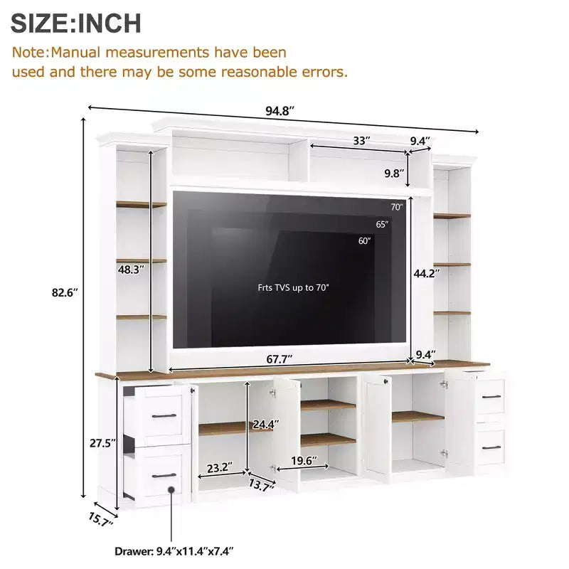 ModernLuxe 4-in-1 Farmhouse Entertainment Center Wall Unit, Fits TVs Up to 70, TV Stand Media Console w/ Adjustable Shelves & Drawers