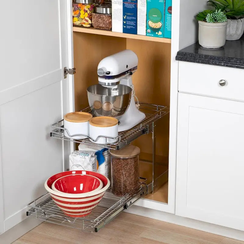 Pull Out Cabinet Organizer 2 Tier  Heavy Duty Metal with Lifetime Limited Warranty - Anti Rust Chrome Finish