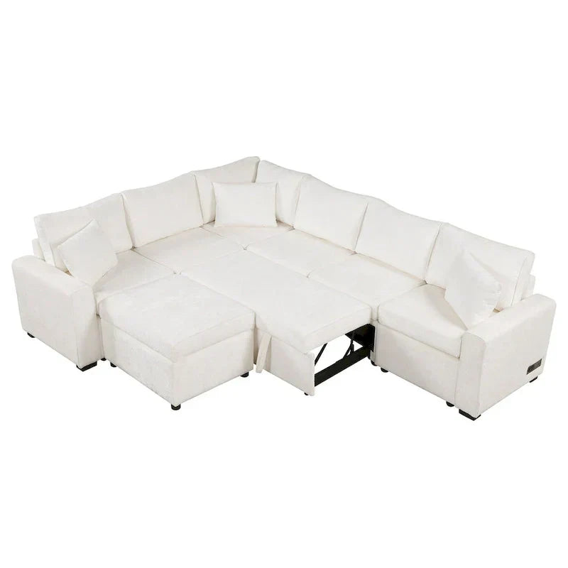 Chenille Sectional Sofa Pull-out Sofa Bed, L-Shape Sleeper Sofa with Storage Ottoman, 3 Pillows and Charging Devices