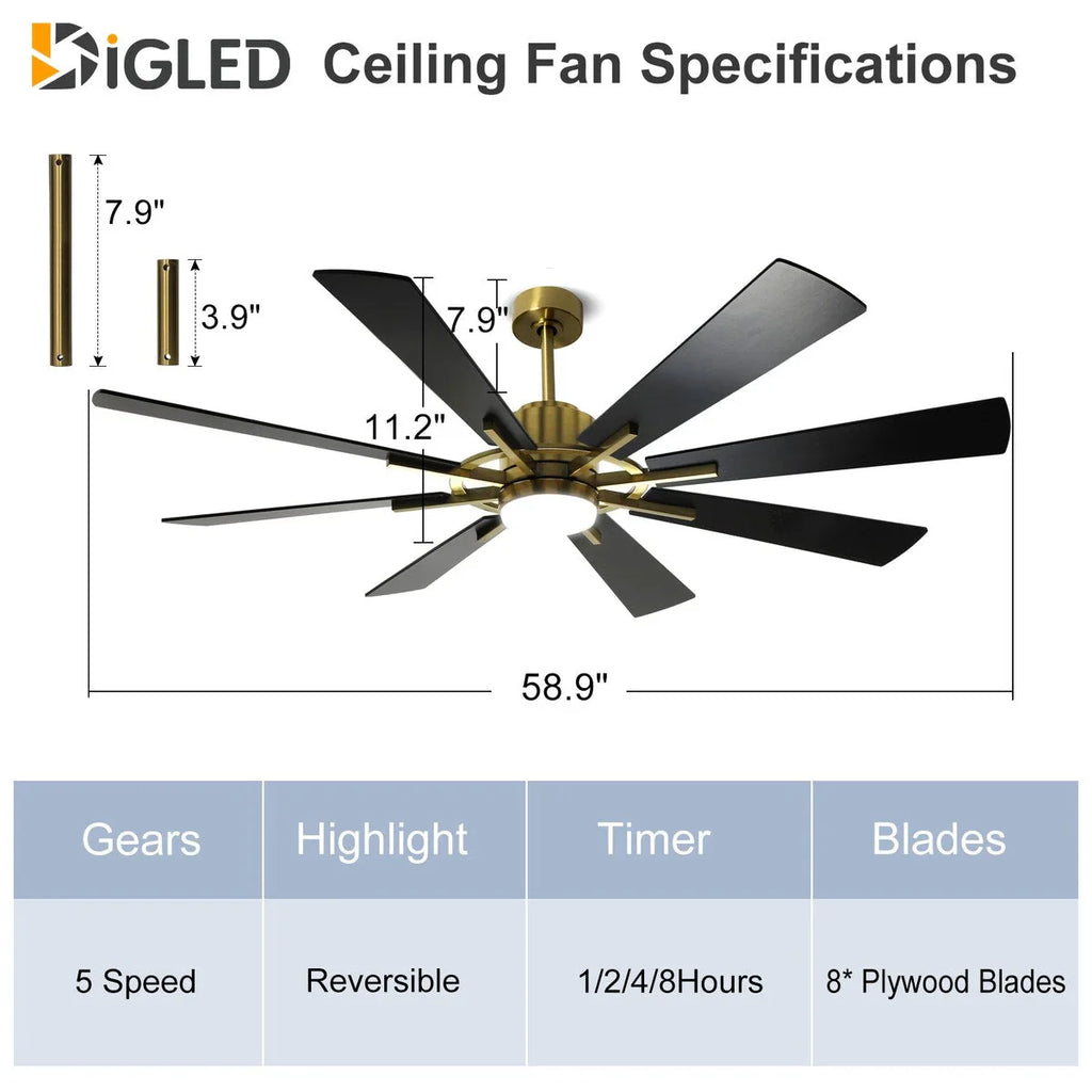 Ventilatore da soffitto con telecomando e luci, grande, con 8 pale in legno