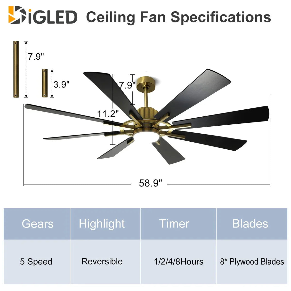 Ventilatore da soffitto con telecomando e luci, grande, con 8 pale in legno