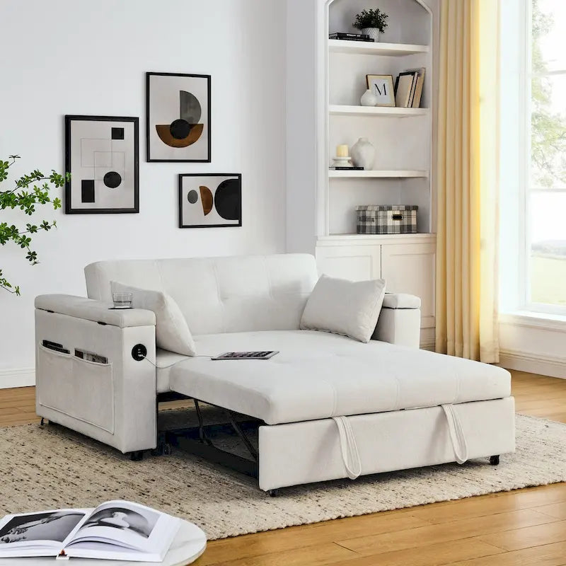 Sofa rozkładana 54, 2-osobowa sofa z funkcją spania i rozkładanymi fotelami, schowkiem, poduszką lędźwiową i gniazdem USB
