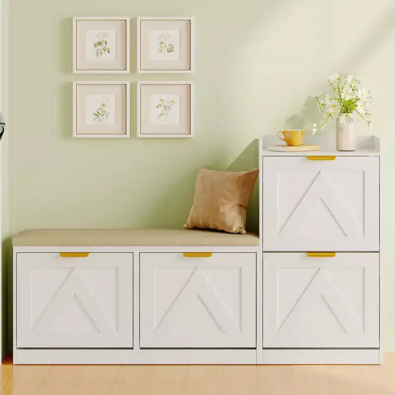 Farmhouse Shoe Cabinet with Bench, 4 Flip Drawers Entryway Shoe Storage Organizer with Comfort Cushioned Seat, Freestanding Shoe Rack Bench