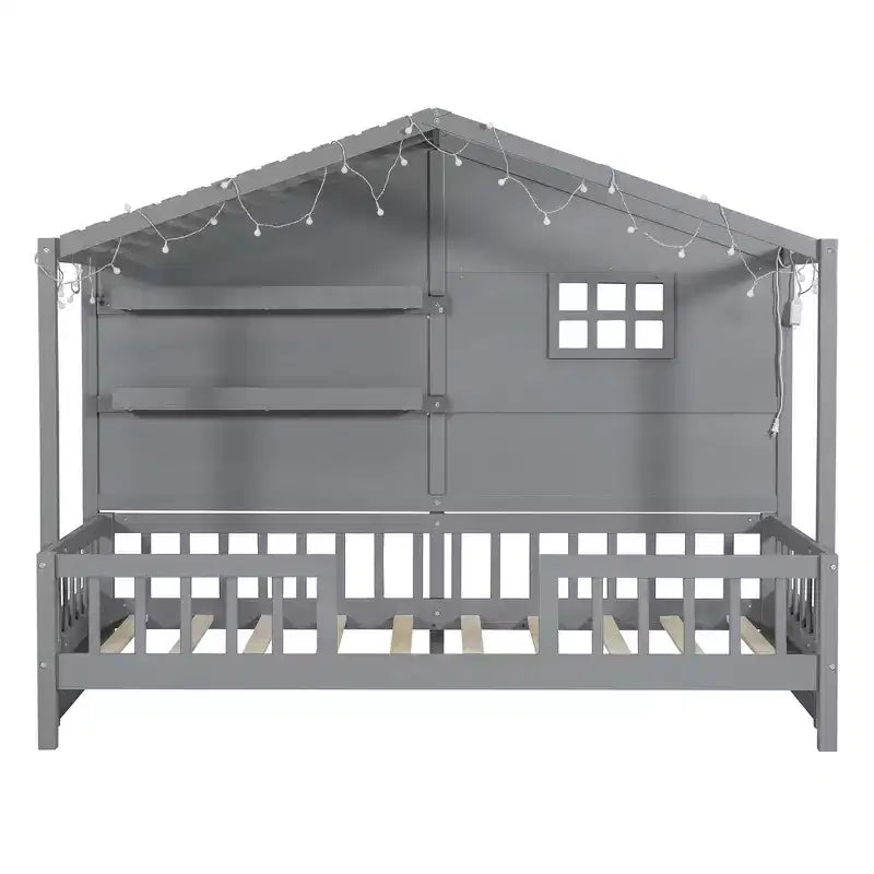 Twin Size House Bed with Storage Shelves and Rails, Wood Kids Montessori Bed Frame with Window and Sparkling Light Strip