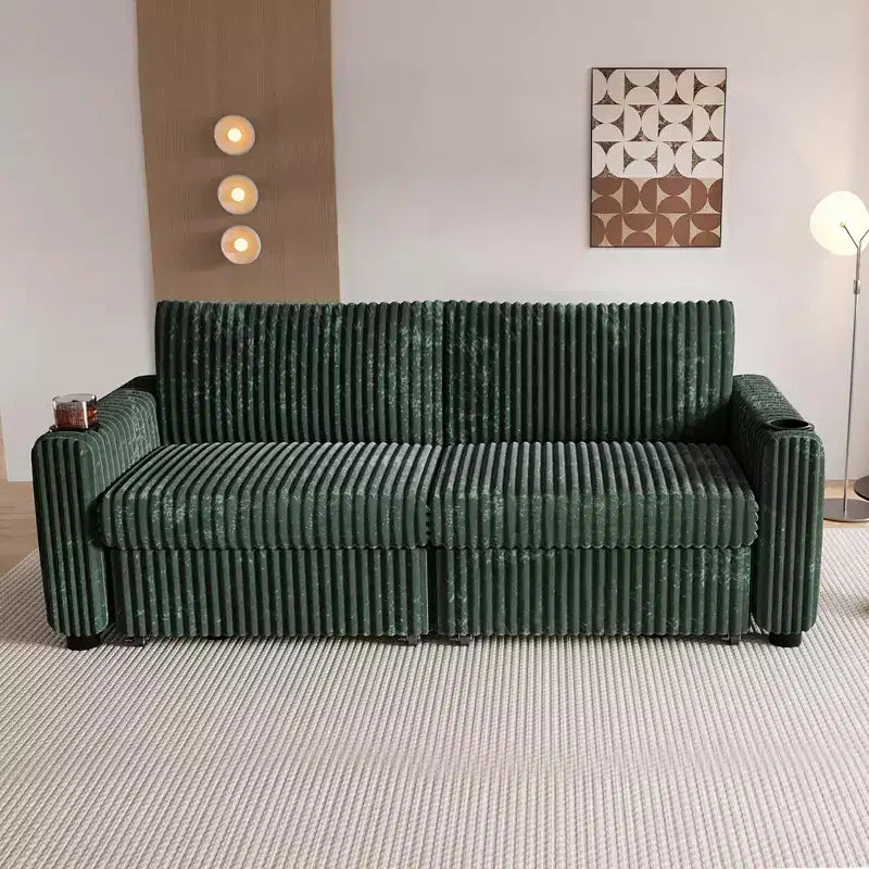 Dyonery 91-delige slaapbank met chaise longue en uitschuifbaar bed, verstelbare rugleuning/twee uitschuifbare bedden/USB-poorten/bekerhouders, zacht corduroy