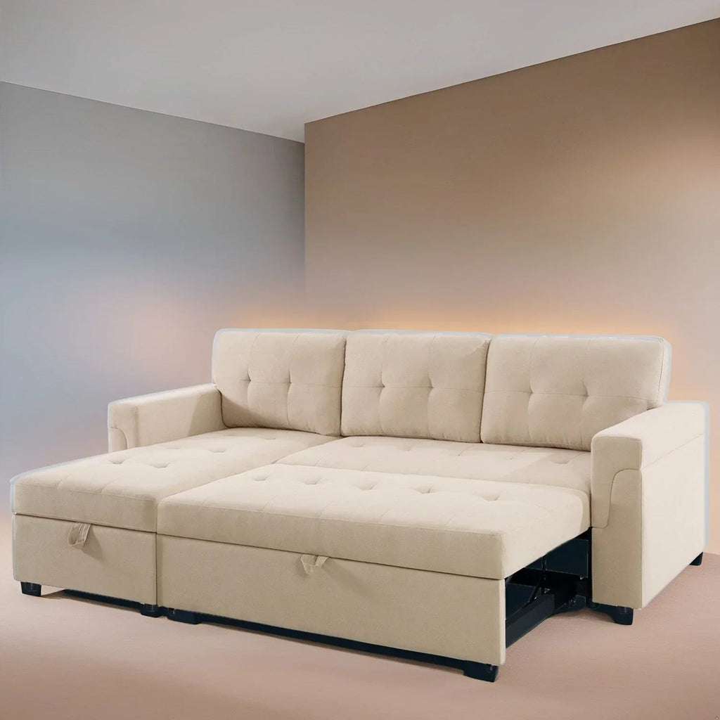 Divano componibile reversibile trasformabile con letto estraibile, chaise longue con contenitore nascosto e gambe resistenti