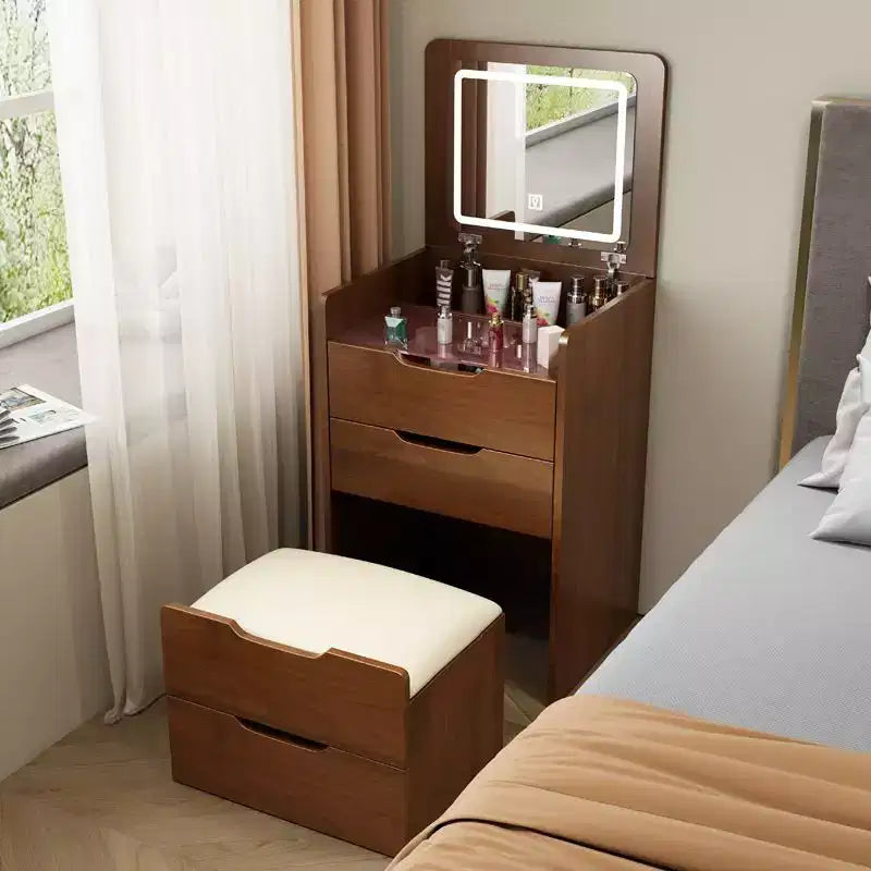 Okak 3-in-1-kaptafel met opklapbare spiegel, compacte kaptafel met zichtbaar glazen blad en gewatteerde kruk, kaptafelbureau voor de slaapkamer