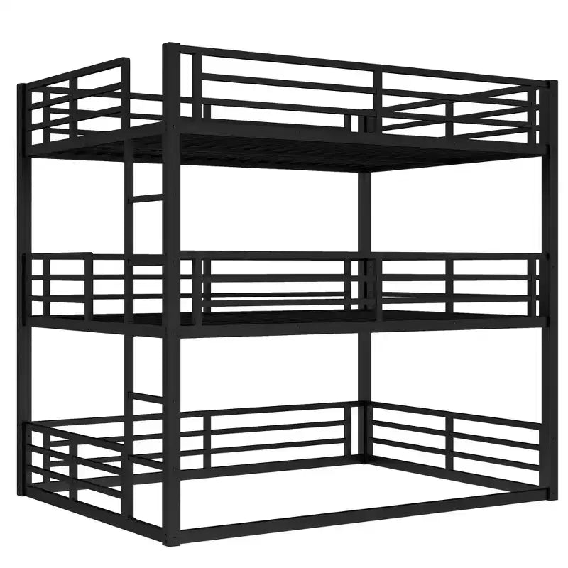 Full over Full over Full Bunk Bed, Metal Triple Bunk Bed with Safety Guardrails, Heavy-duty Bunk Bed with Noise-reduced Design, Black