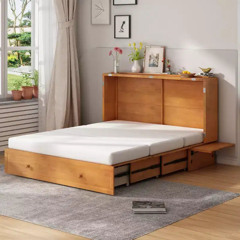Cama abatible Mjkone tamaño queen, cama tipo armario cúbico con estación de carga y espacio de almacenamiento