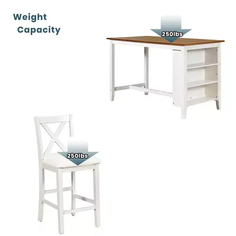 Homy Casa 5-delige eettafel- en stoelenset op aanrechthoogte met opbergplanken, wit en walnoot, moderne landelijke stijl