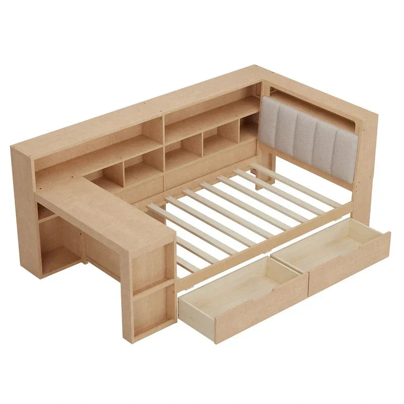 L-förmiges Holz-Sofa-Tagesbett mit Schreibtisch, Bücherregal-Schrank, Eckbett mit Schubladen unter dem Bett, gepolstertem Kopfteil und integrierter Beleuchtung