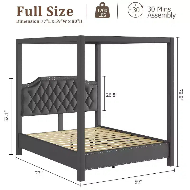 Queen-Size-Himmelbettgestell mit Pfosten, 4-Ecken-Betthalterungen, Lattenrost aus Massivholz, keine Bettfeder erforderlich, geräuschlos