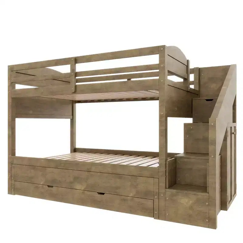 Whisen Twin XL Bunk Bed Frame with Trundle, Bunk Bed with Storage, Bunk Bed with Solid Wood, Storage Staircase, Wardrobe, 3Drawer, for Kids