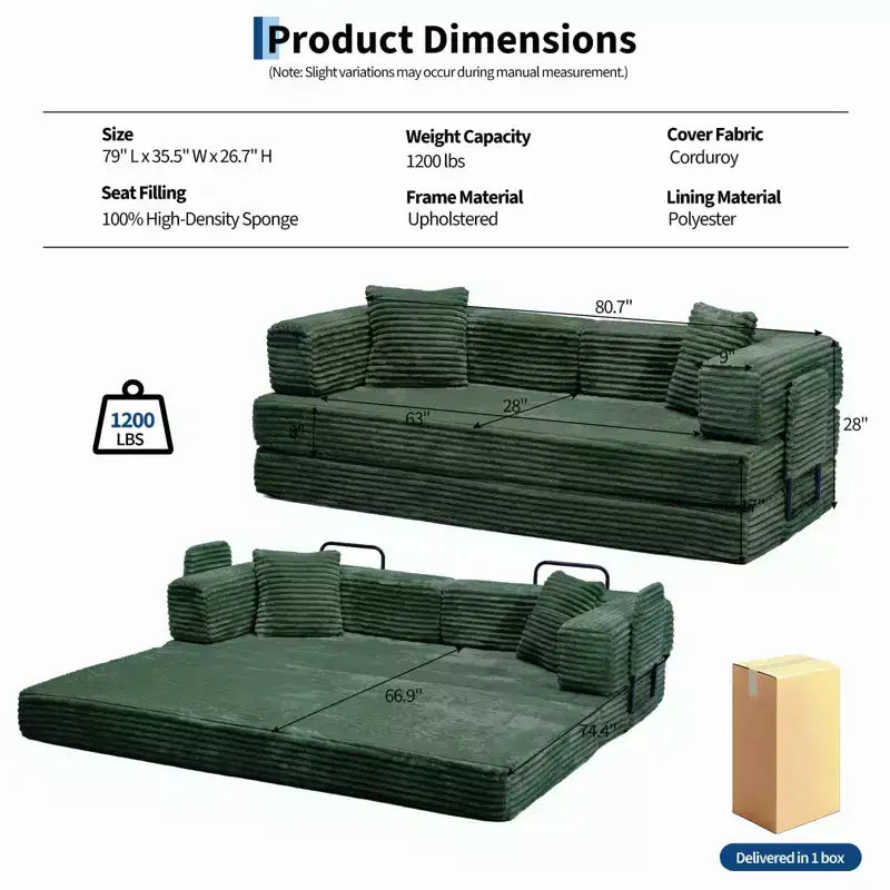 Sofá cama convertible 5 en 1 de 80,7, de pana, soporta 1200 lb, sin ensamblaje