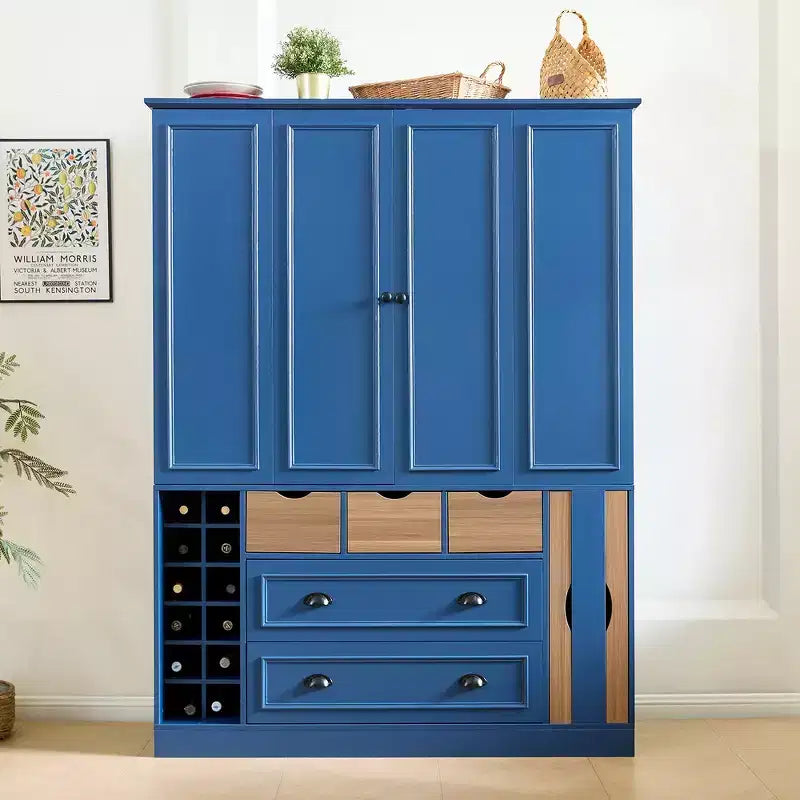 Whisen vrijstaande voorraadkast voor de keuken van 71 inch hoog, grote opbergkast voor eetkamer, dressoir met 4 vouwdeuren, planken en wijnrekken