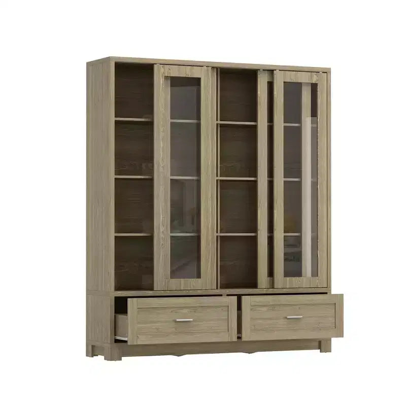 Famapy Vitrine in heller Eichenholzoptik: 160 cm breit, Schiebetüren aus Glas und Schubladenstauraum, geräumiger Organizer für Bibliotheken und Wohnzimmer