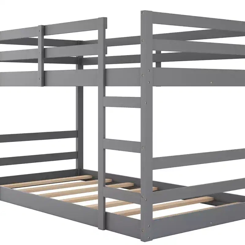 Low Bunk Bed , Wooden Floor Bunk Bed with Ladder, Bunk Bed with Full Guardrails