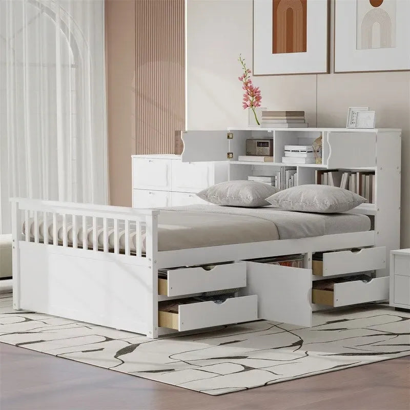 Captain-platformbed in twin/full-formaat met 4 laden en opbergplanken, bedframe van massief hout met hoofdbord en boekenkast