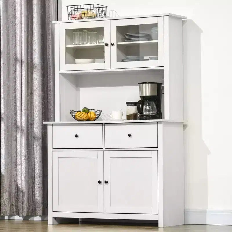 HOMCOM 63.5 Kitchen Buffet with Hutch, Pantry Storage Cabinet with 4 Shelves, Drawers, Framed Glass Doors, Open Microwave Countertop