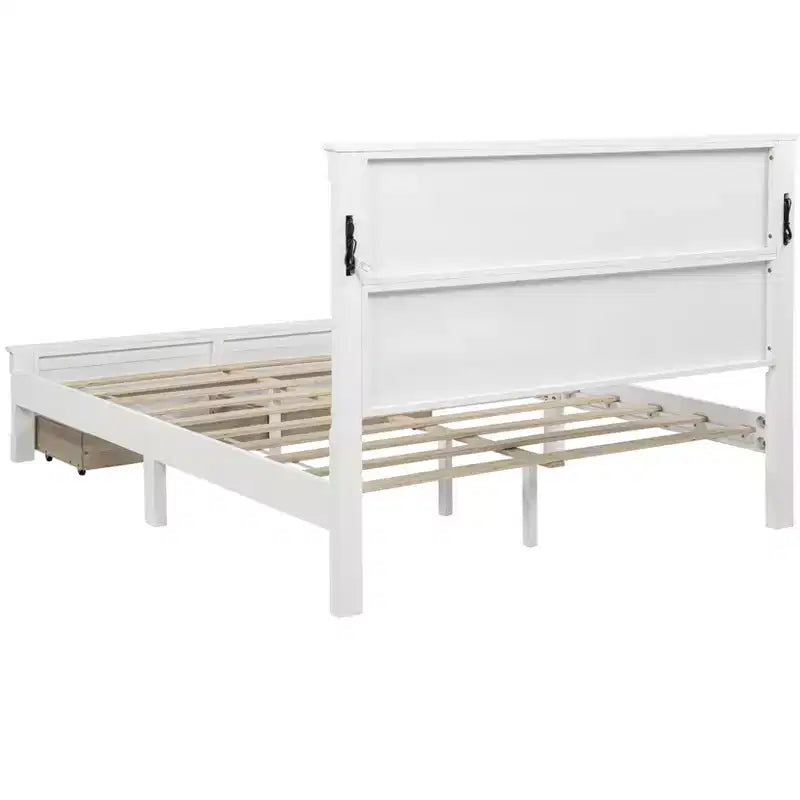ModernLuxe platformbed voor eenpersoons- of tweepersoonsformaat met hoog hoofdbord, rustiek houten bedframe met 2 laden, ledverlichting en USB-poorten