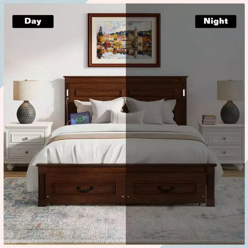 ModernLuxe platformbed voor eenpersoons- of tweepersoonsformaat met hoog hoofdbord, rustiek houten bedframe met 2 laden, ledverlichting en USB-poorten