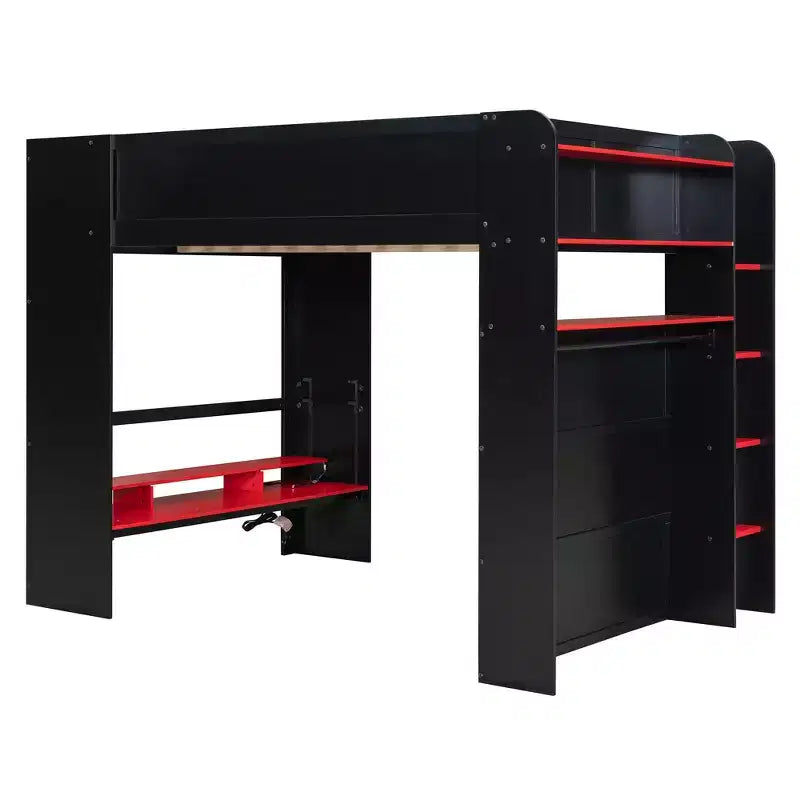 Letto a soppalco Luxystar matrimoniale con scrivania regolabile illuminata, guardaroba aperto e libreria