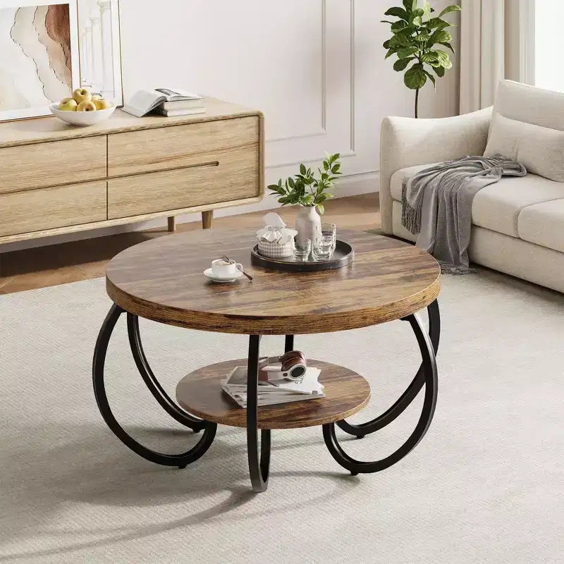 Table basse ronde industrielle de 30 pouces à 2 niveaux avec pieds réglables, étagère effet bois, motif de flammes, montage facile, salon