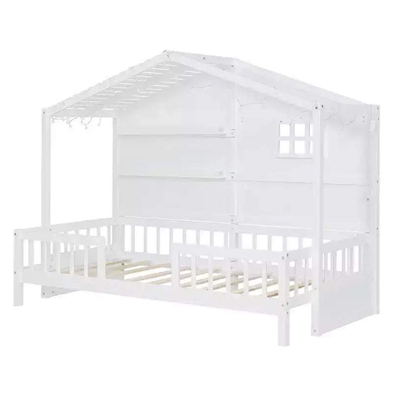 Twin Size House Bed with Storage Shelves and Rails, Wood Kids Montessori Bed Frame with Window and Sparkling Light Strip