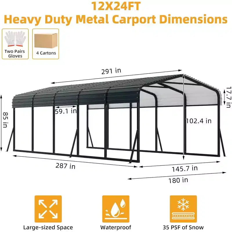 LinTimes Metall-Carport 12 x 24 Fuß mit verzinktem Stahldach, pulverbeschichtetem Rahmen und wasserabweisendem Unterstand für Fahrzeuge, Schutz im Außenbereich
