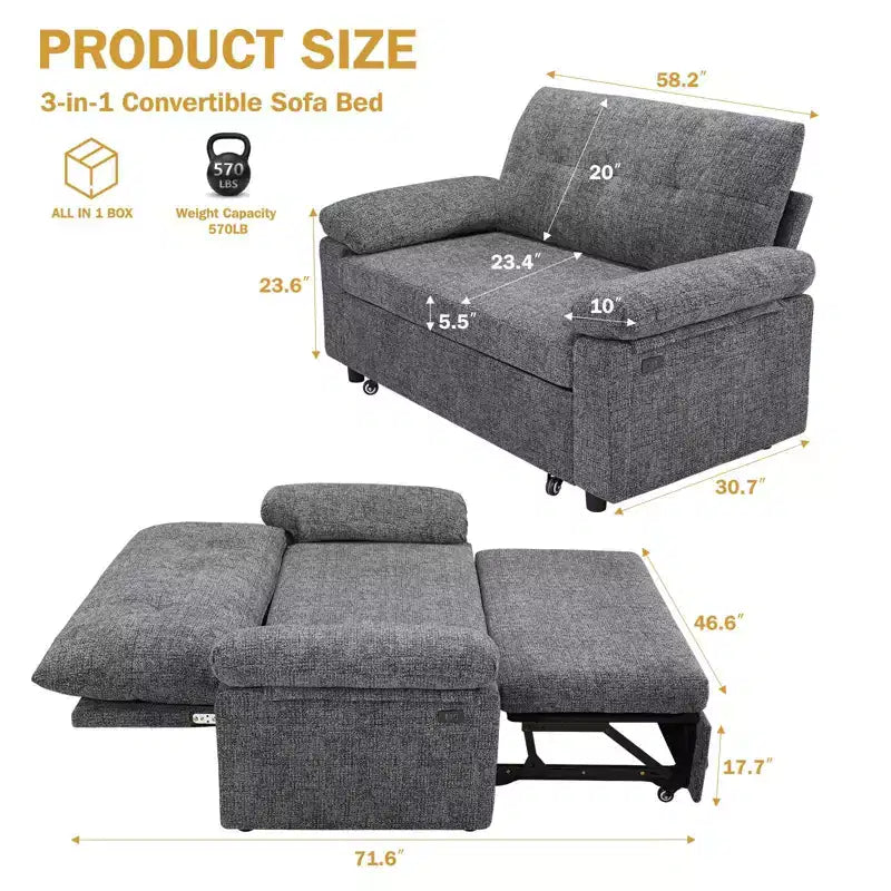 Dyonery 3-in-1 Convertible Sofa Bed, Pull Out Sleeper Sofa with Adjustable Backrest