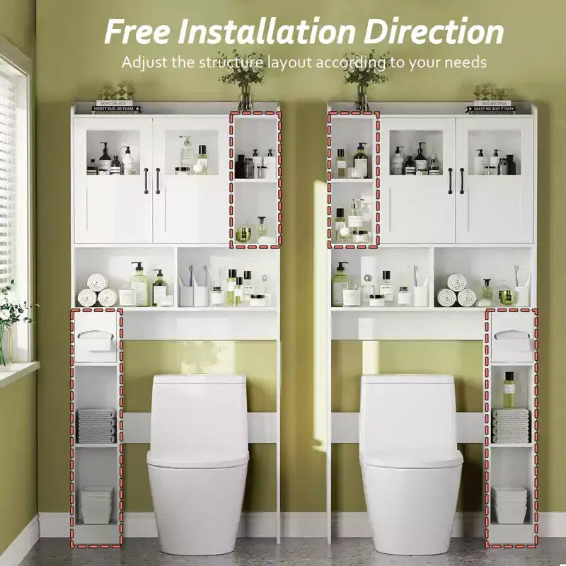 WC fölé szerelhető tárolószekrény – 171,2 cm magas, vidéki stílusú fürdőszobai rendszerező és tároló állítható polccal és üvegajtóval fürdőszobába, mosókonyhába