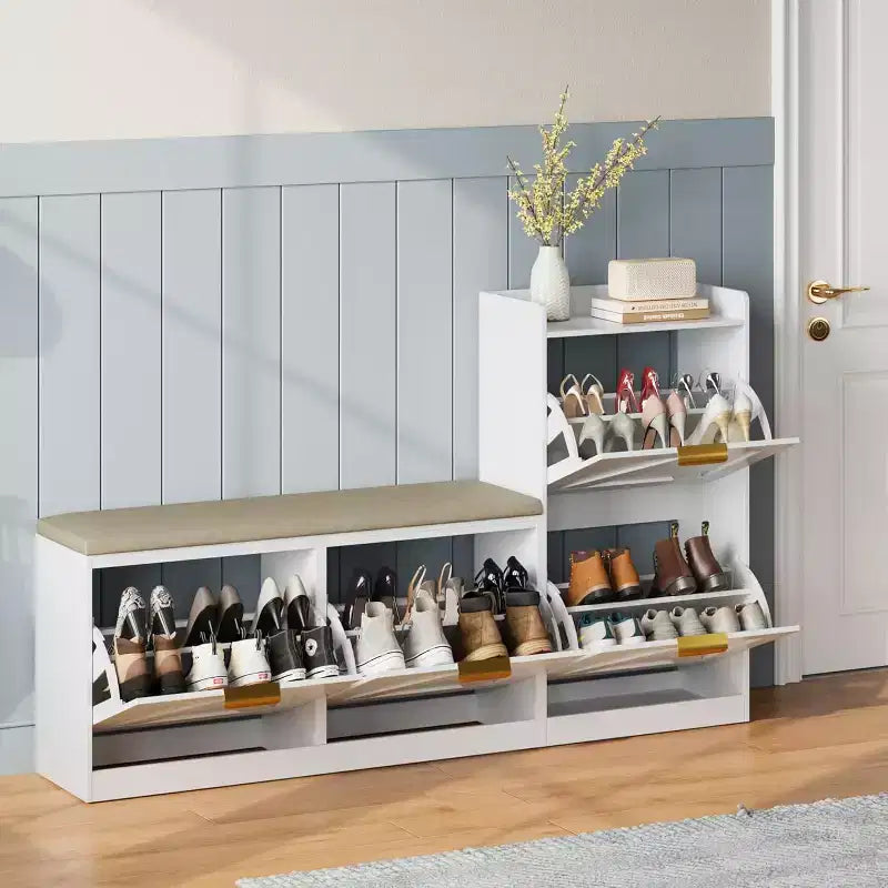 Szafka na buty z ławką i 4 uchylnymi szufladami – wąski organizer do przedpokoju na 35–40 par