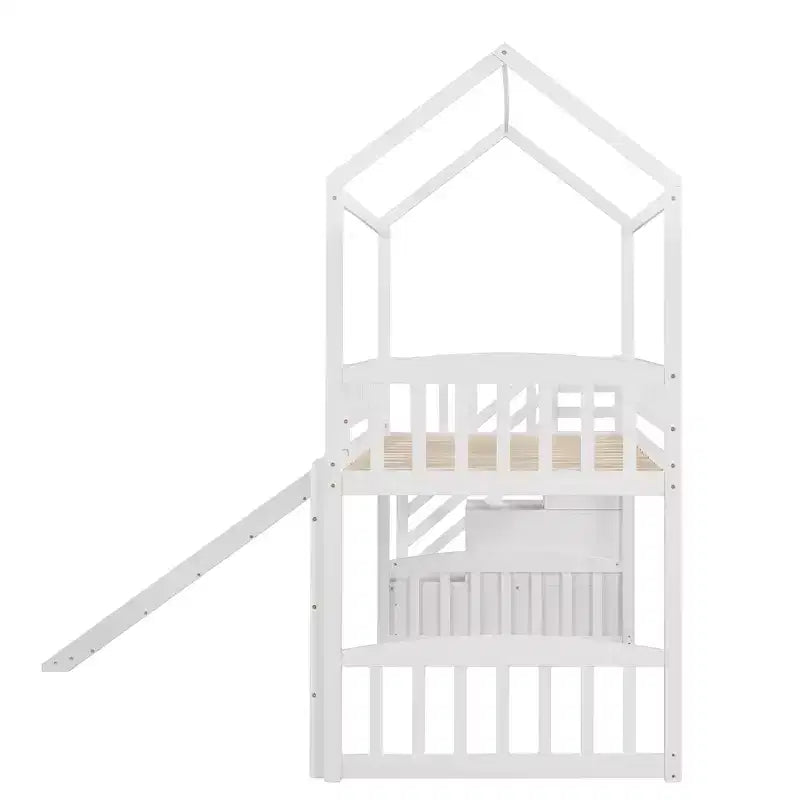 Twin House Loft Bed with Slide and Stairs, Loft Bed with Storage Drawers, Wood Cabin Loft Bed for Kids Toddlers
