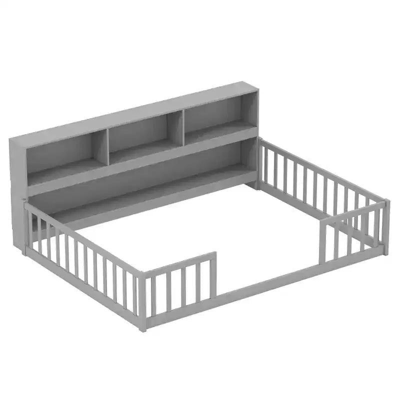 Montessori-vloerbed voor eenpersoons- of tweepersoonsmatras met boekenkast, opbergplanken en veiligheidshekken, wit/grijs