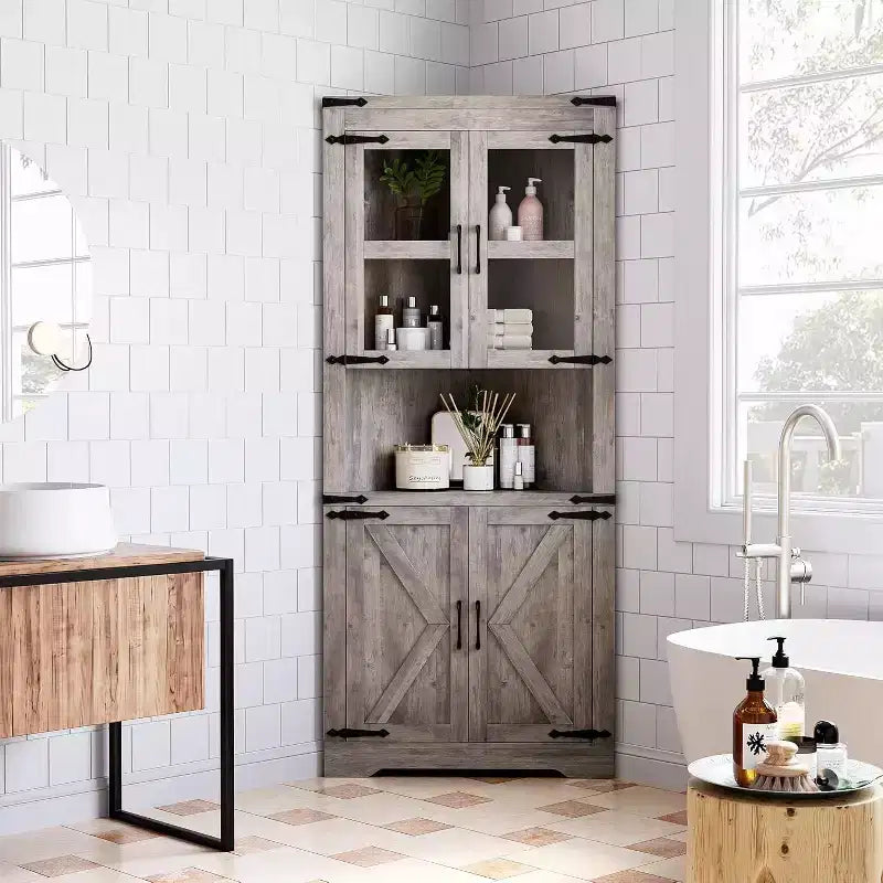 69 Tall Corner Cabinet, Farmhouse Corner Storage Cabinet, Space Saving Storage, Glass Door, Adjustable Shelves, for Living Room, Kitchen