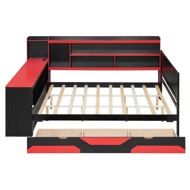 Full/Queen Gaming Daybed with Bookcase Headboard, LED Lights, Integrated Desk, Drawers and Charging Station