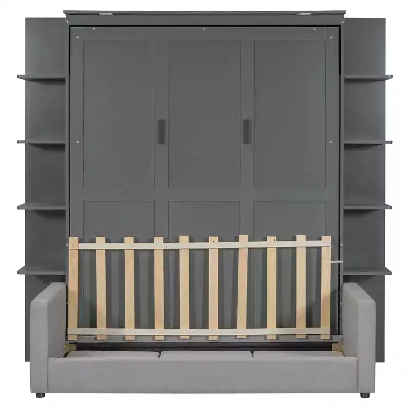 Lit escamotable mural Whisen au format queen, avec cadre en bois, canapé et étagères, au design moderne
