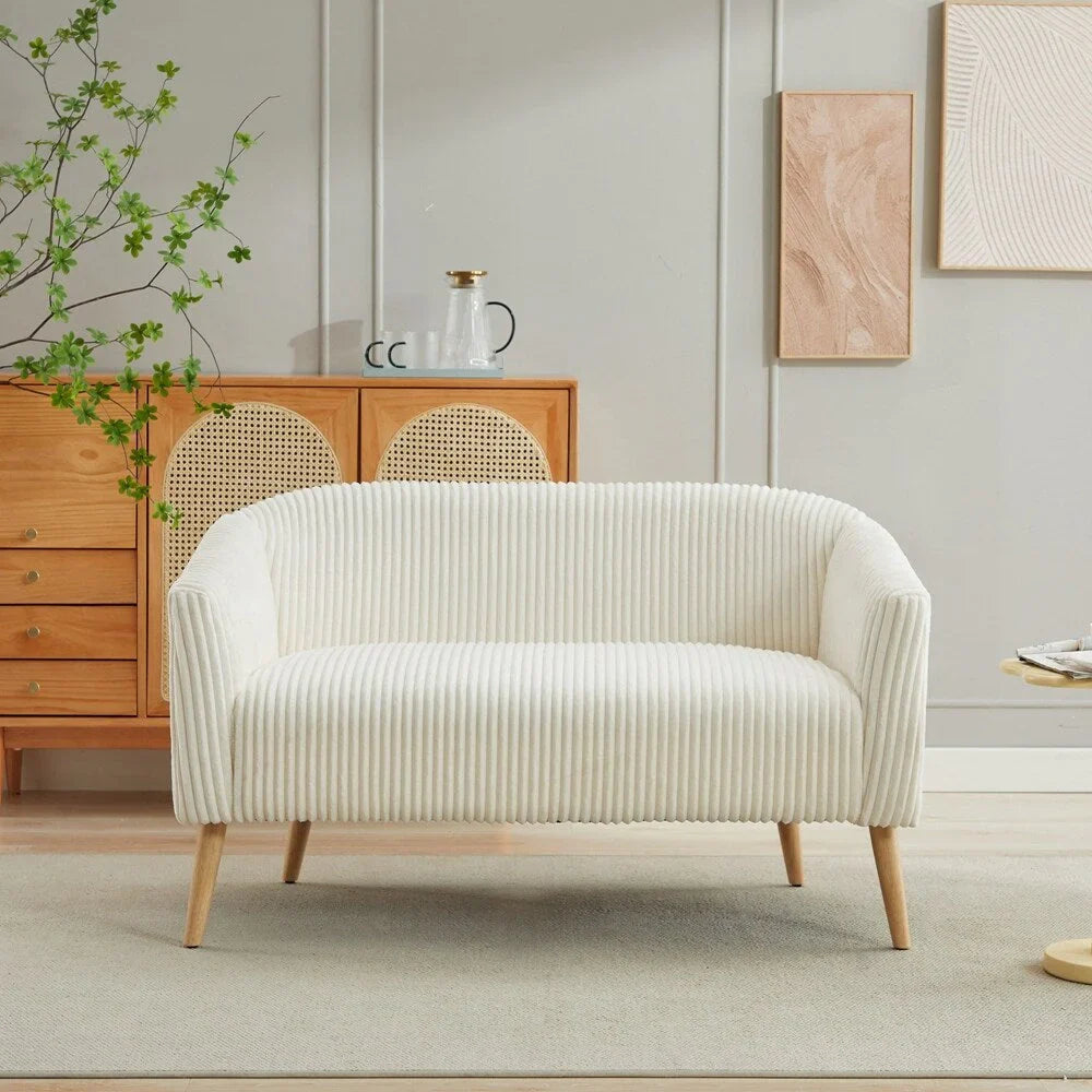 2-zitsbank met bekleding van corduroy en houten poten in walnootkleur