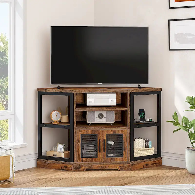 Meuble TV d’angle de style maison de campagne, centre de divertissement et console multimédia pour téléviseurs jusqu’à 55 po, avec prise électrique