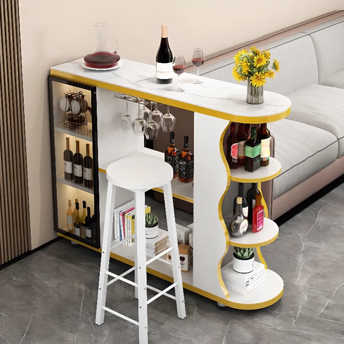 Modern Stone Top Freeform Bar Table with Storage for Home Bars