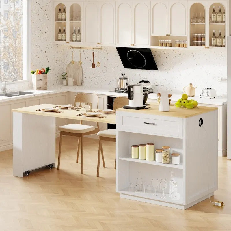 82.7 Wooden 4-6 Person Kitchen Island with Extendable Dining Table and Double-sized Storage