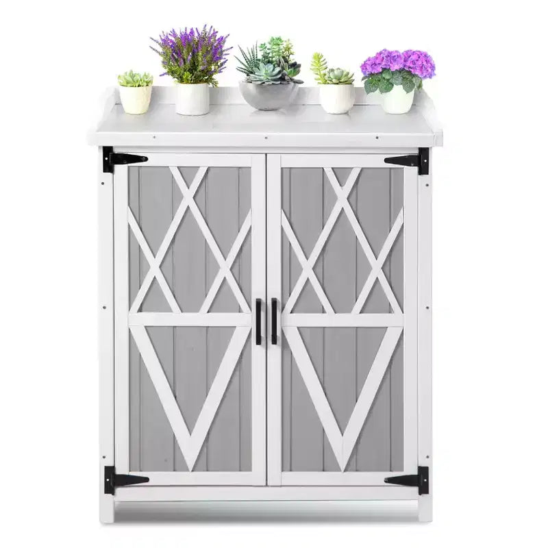 Outdoor Storage Cabinet, Potting Bench - Waterproof Wooden Garden Work Station with Galvanized Tabletop, Adjustable Shelves for Backyard/Patio/Lawn