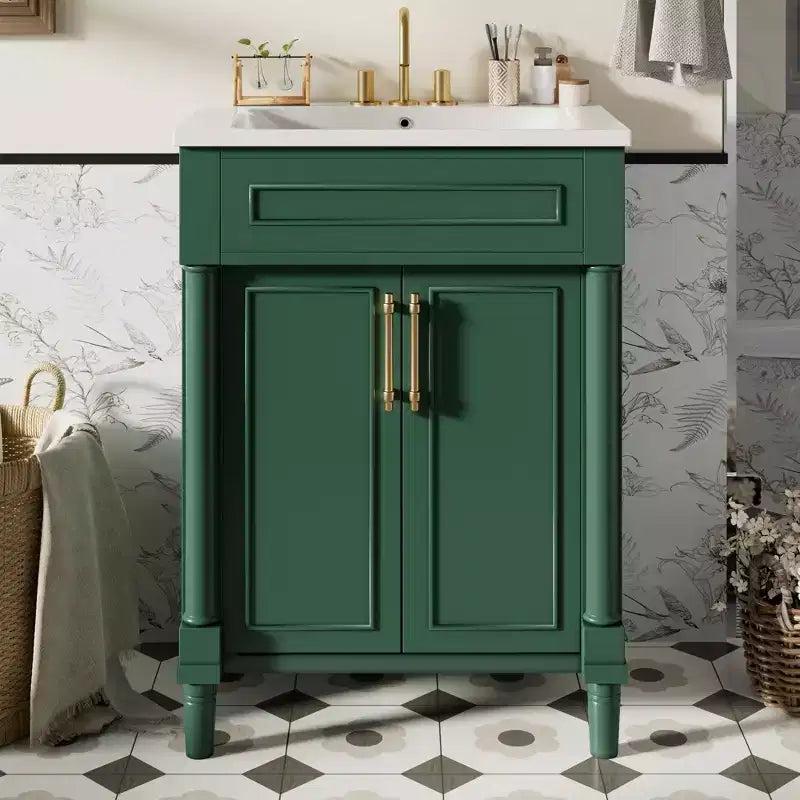 Mobile da bagno da 24 pollici con lavabo in ceramica, mobile in stile Shaker, 2 ante a chiusura ammortizzata, struttura in legno massello per bagno piccolo o bagno di servizio