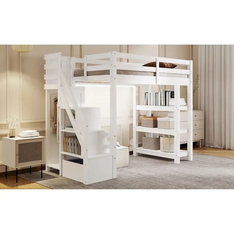 Hoch-/Etagenbett in Full-/Twin-Größe mit Stauraumtreppe – Regale, Kleiderschrank und LED-Beleuchtung, platzsparendes Design