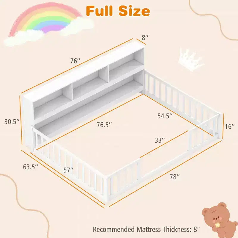Montessori-vloerbed voor eenpersoons- of tweepersoonsmatras met boekenkast, opbergplanken en veiligheidshekken, wit/grijs