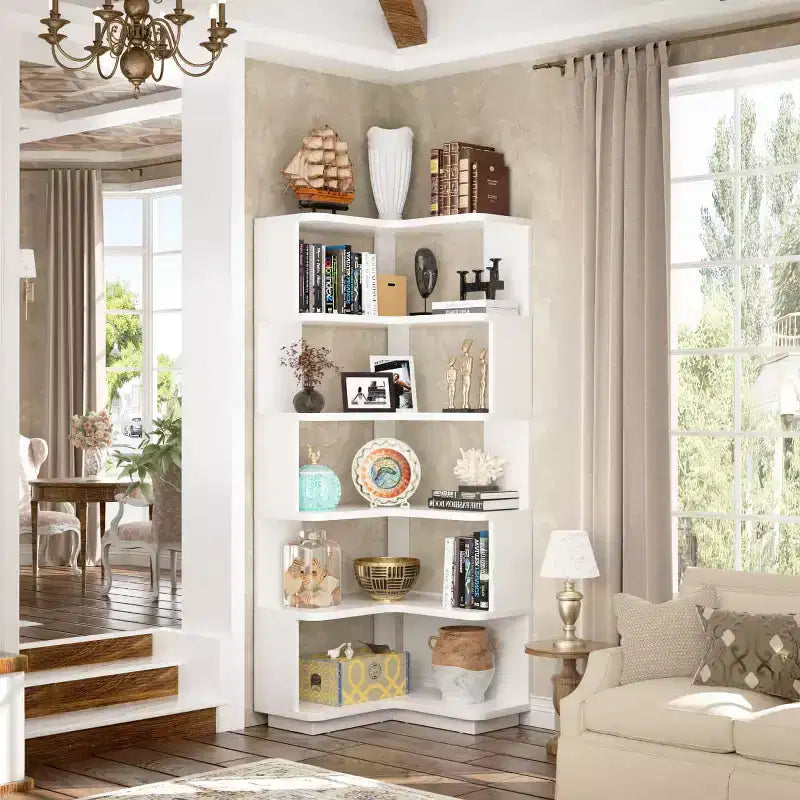 6-tier Corner Bookshelf, Space-saving Display Shelving Unit