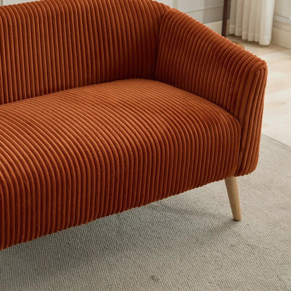 2-zitsbank met bekleding van corduroy en houten poten in walnootkleur